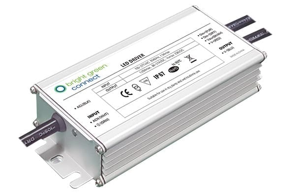 A rectangular metallic LED driver from Bright Green Connect with input and output cables extending from either end. The device displays various electrical specifications, certification logos, and environmental ratings on its label.